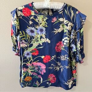 Rene Derhy Puff Sleeve Blouse Womens Medium Blue Floral Shirt Boho Work Top
